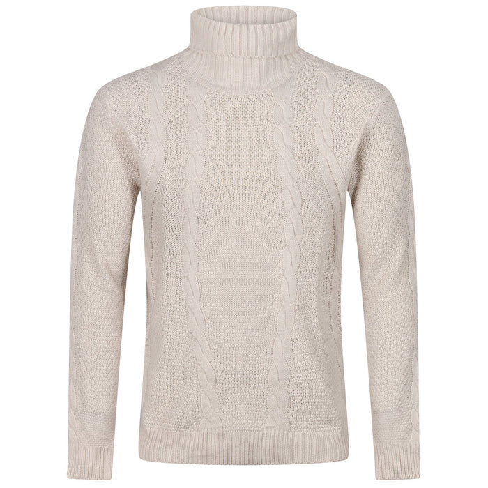 Men's Roll Neck Cable Knit Sweater with Fringes