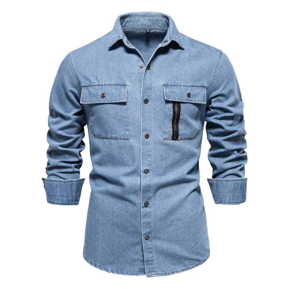 Men's Long Sleeve Denim Shirt with Fringes